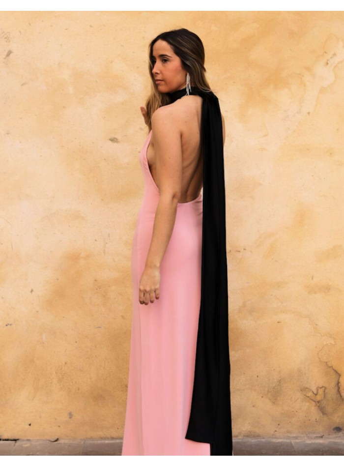 Long pink party dress with black bow