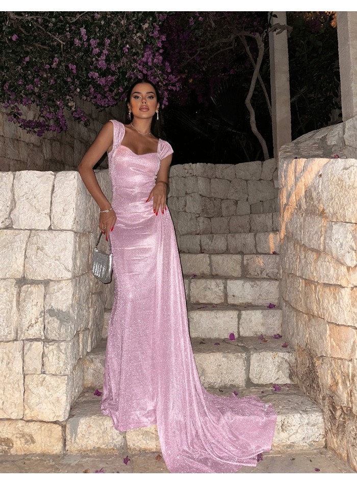 Long gown in shiny fabric and bandeau neckline