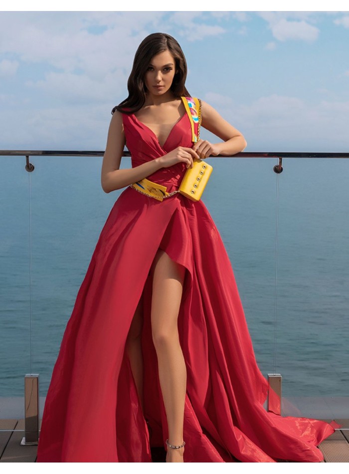 Long party dress with side slit and ruched bodice