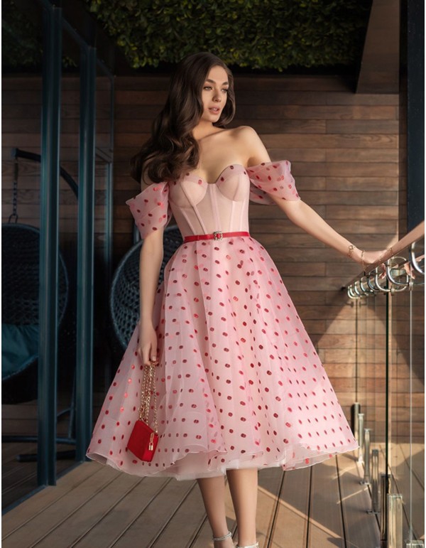 Robe de soirée midi en tulle avec détails à pois et...
