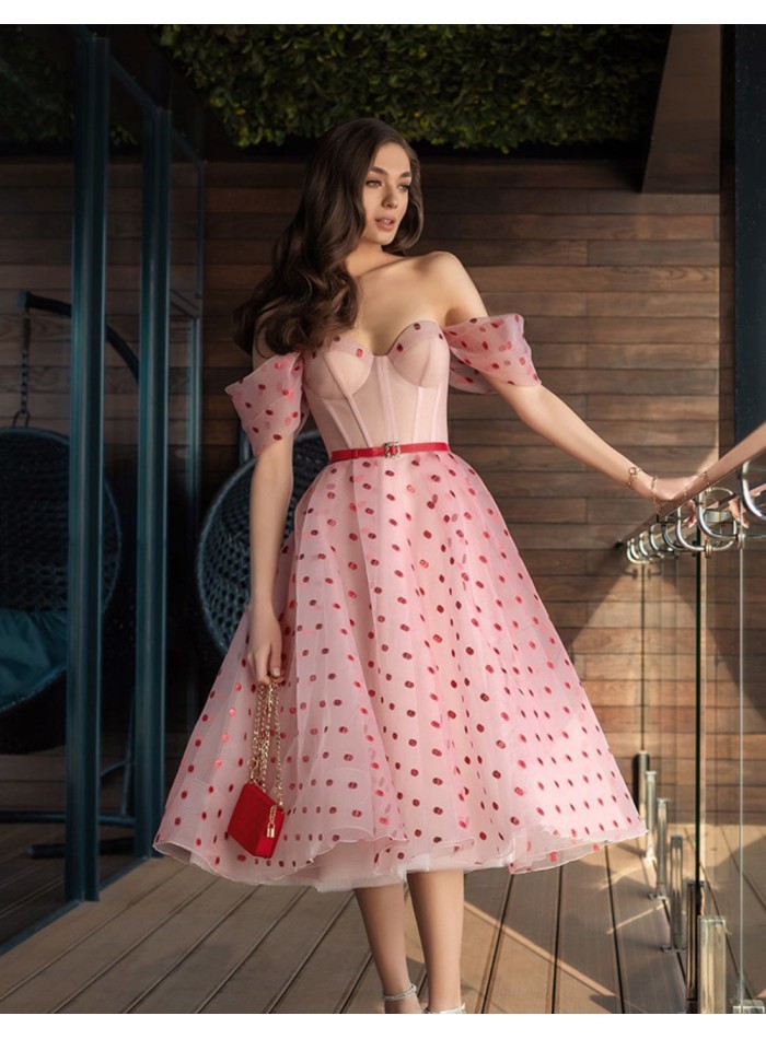 Tulle midi party dress with polka dot detail and corset bodice