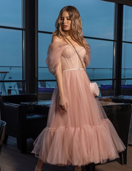 Midi party dress with tulle sleeves and corset bodice