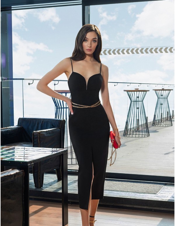 Midi party dress with front slit and sweetheart neckline