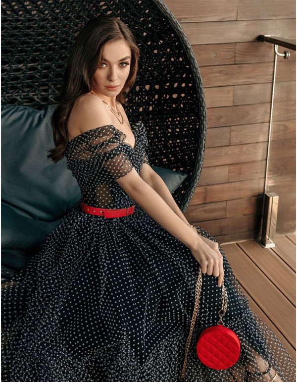Vestido midi de fiesta negro en plumeti con mangas caídas 2