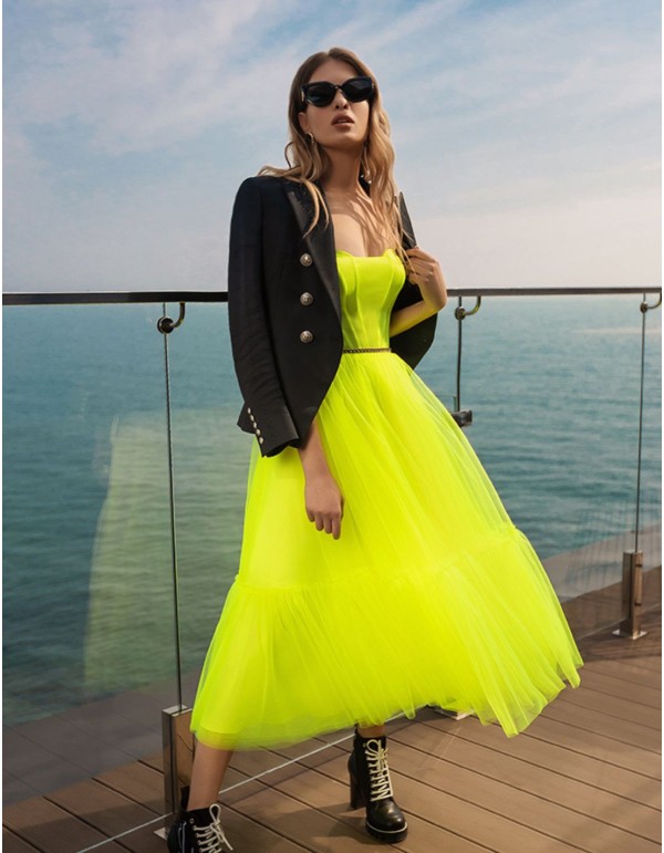 Robe midi de soirée fluo avec jupe évasée en tulle 2