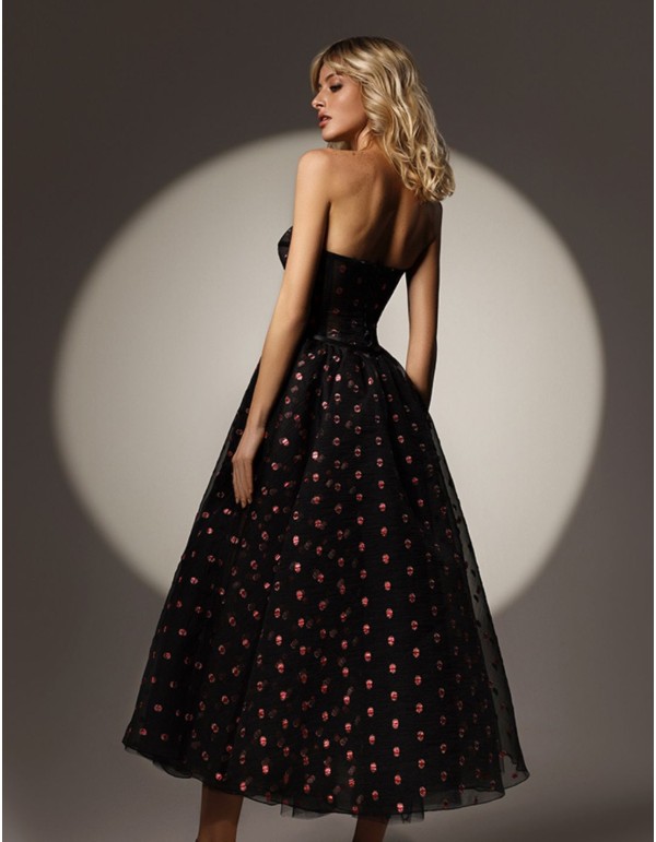 Robe de soirée midi noire à pois métalliques et bustier 2