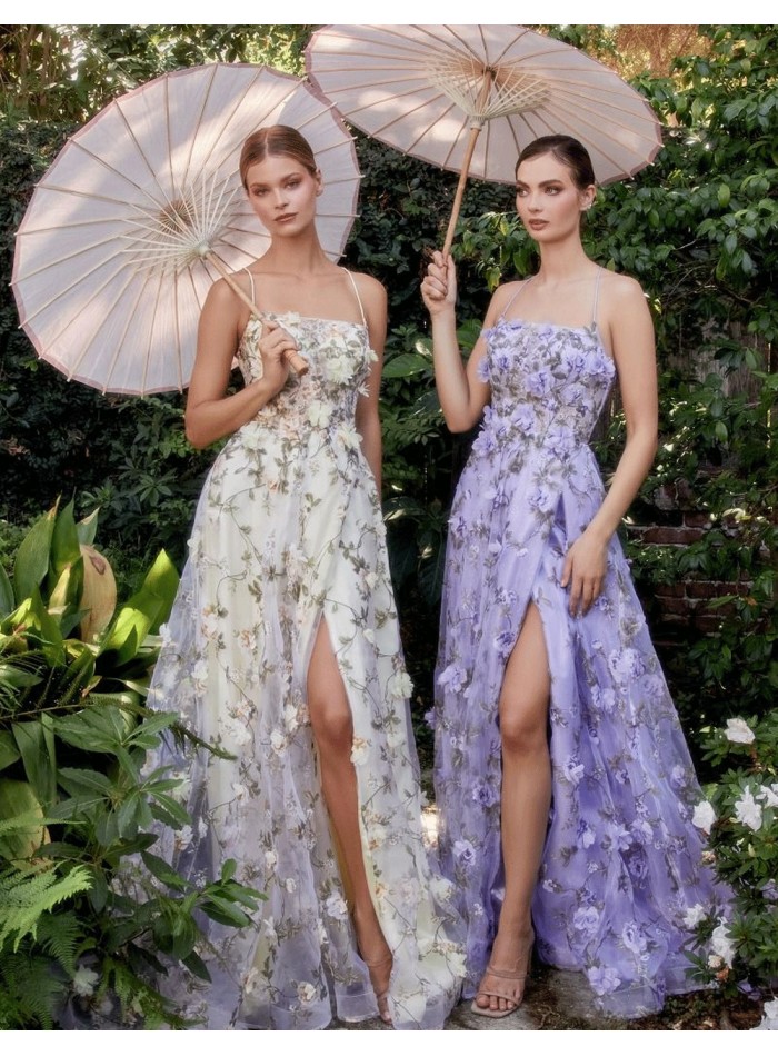 Vestido de fiesta largo de organza con estampado floral lila