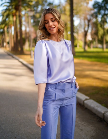 French sleeve satin blouse with gathers on the shoulder