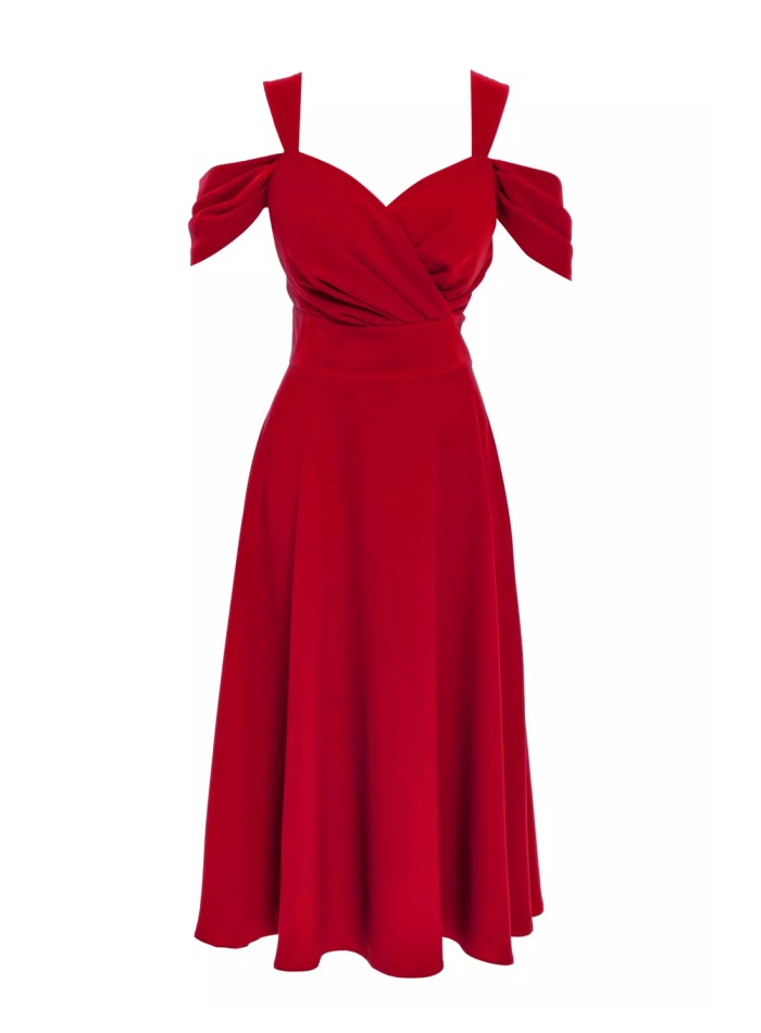 Vestido Midi Rojo con Escote Bandeau y Falda de Vuelo