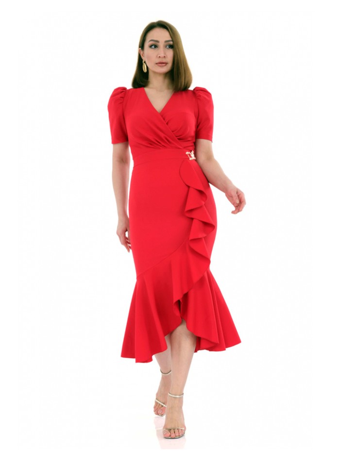Cocktail dress with short sleeves and side flounce
