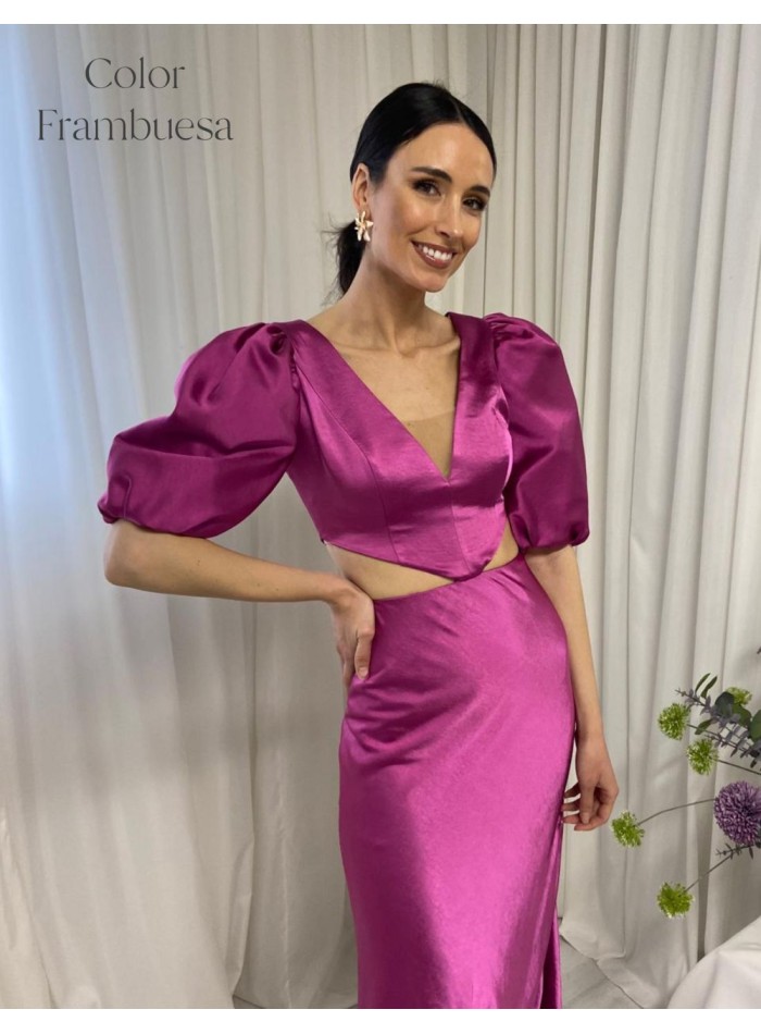 Robe de soirée midi avec manches ballon et taille découpée