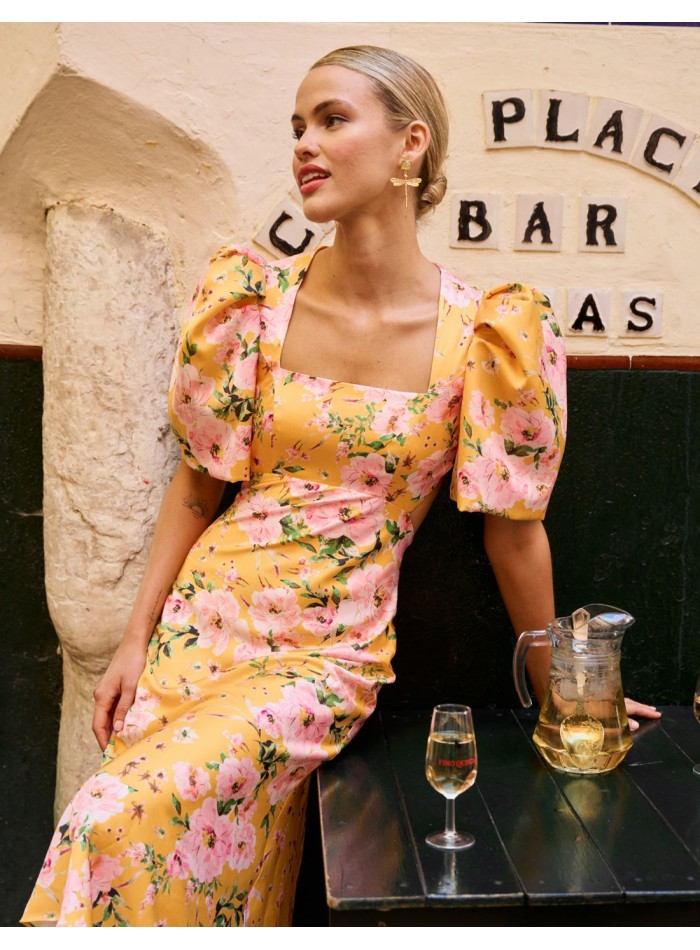 Vestido de fiesta midi con estampado floral y manga corta abullonada de Miphai