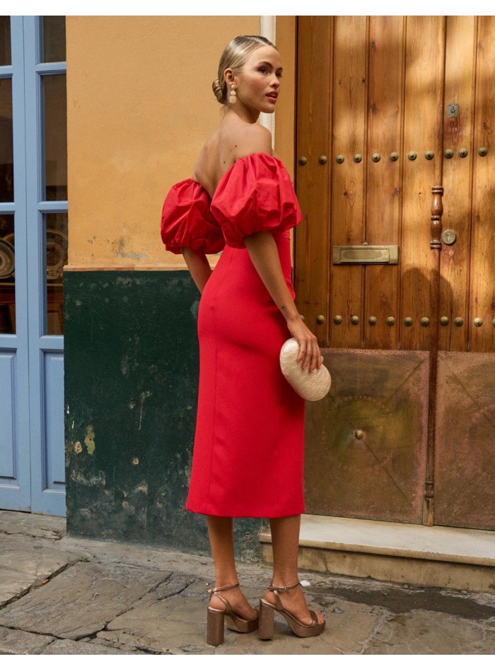 Midi party dress with puffed sleeves and...