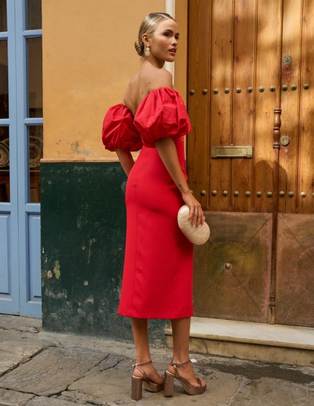 Midi party dress with puffed sleeves and strapless neckline