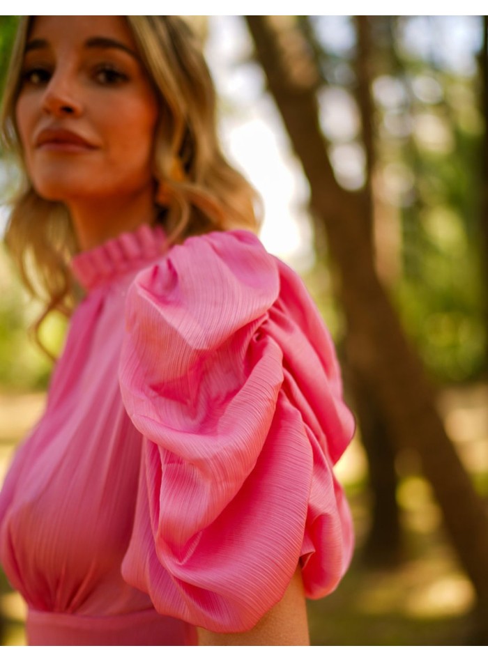 Pleated midi party dress with short puffed sleeves