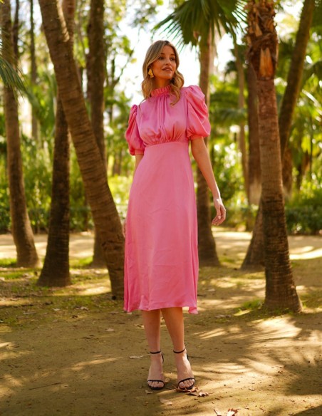 Robe de soirée midi plissée avec manches courtes bouffantes