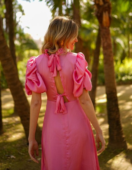 Robe de soirée midi plissée avec manches courtes bouffantes