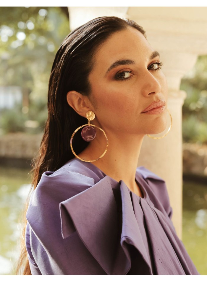 Gold circle with purple ceramic detail party earrings