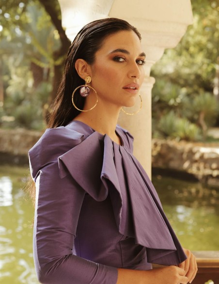 Pendientes de fiesta circulo dorado con detalle morado cerámica