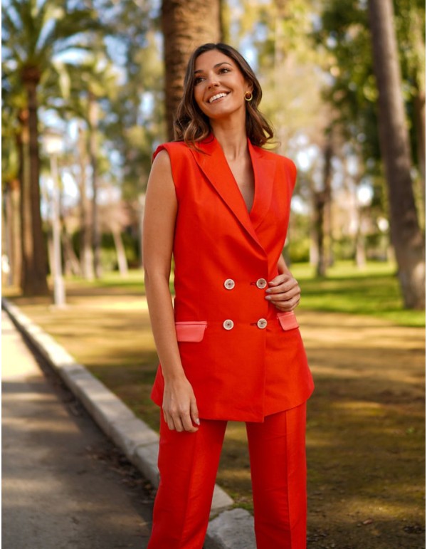 Gilet en soie orange avec Boutonnières et poches Doublées