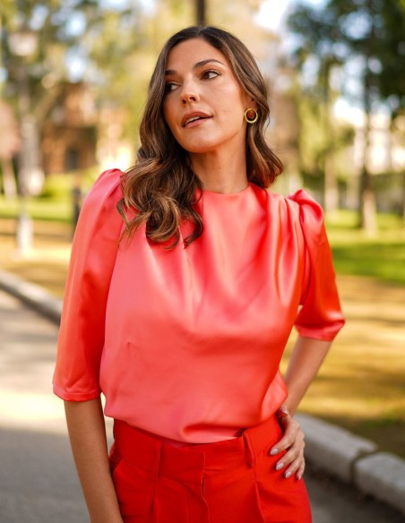 Satin party blouse with puffed french sleeves