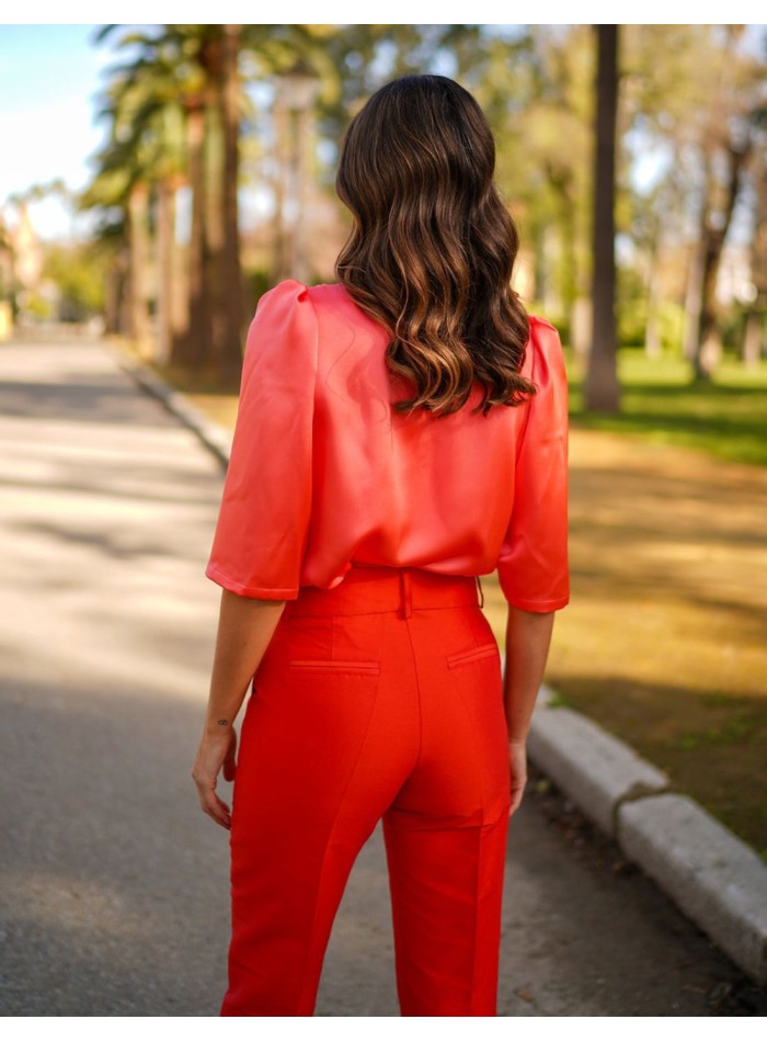 Satin party blouse with puffed french sleeves
