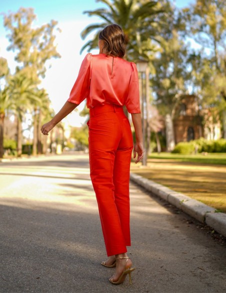 Satin party blouse with puffed french sleeves