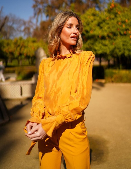 Blusa de fiesta de cuello alto y manga larga con volantes