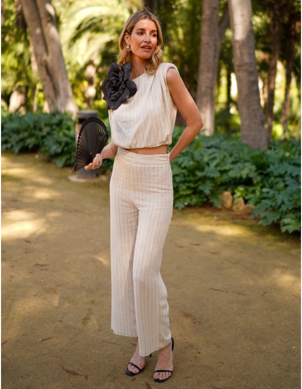 Pantalon long en lin à taille haute, imprimé rayé