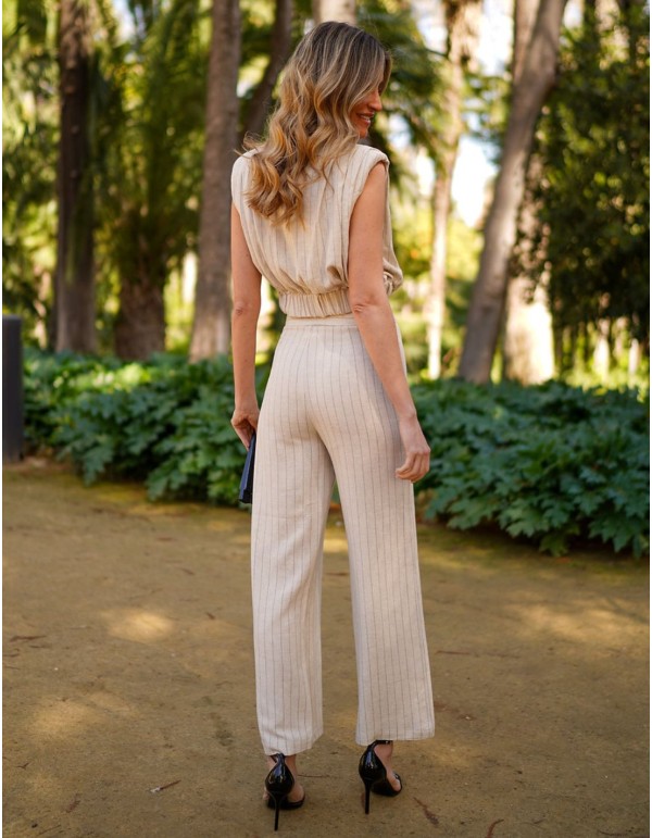 Pantalon long en lin à taille haute, imprimé rayé 2