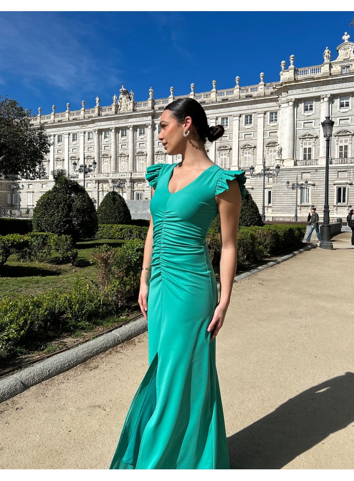 Evening dress with lantern sleeves and draped bodice