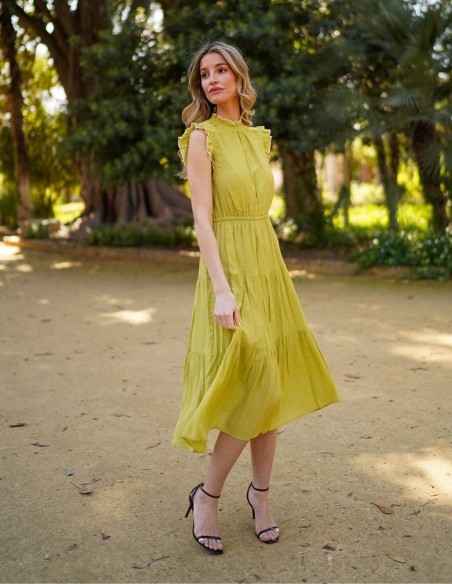 Sleeveless midi party dress with closed neckline