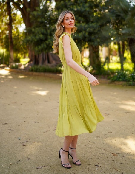 Sleeveless midi party dress with closed neckline