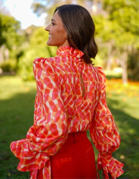 Blouse de fête imprimée à manches longues avec laçage