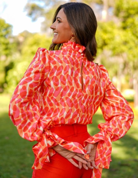 Long sleeve printed party blouse with lacing