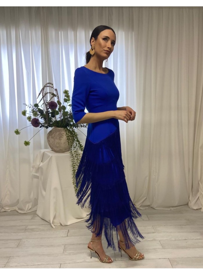 Fringed midi dress with boat neckline and French sleeves