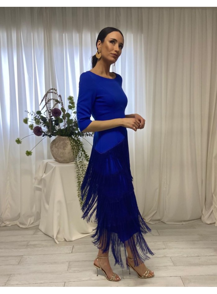 Fringed midi dress with French sleeves and open back