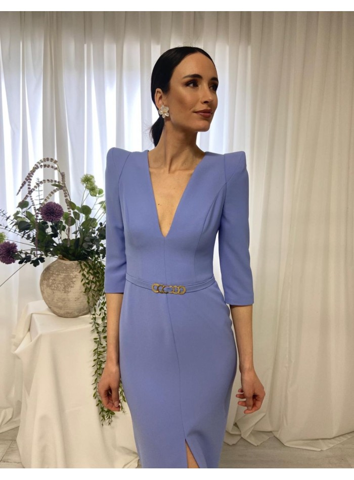 Plain midi dress with French sleeves and peaked shoulder pads
