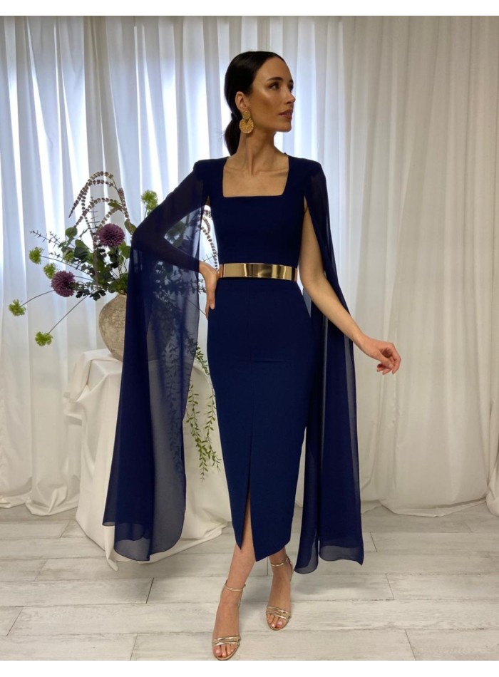 Robe de soirée midi unie avec manches cape en mousseline de soie