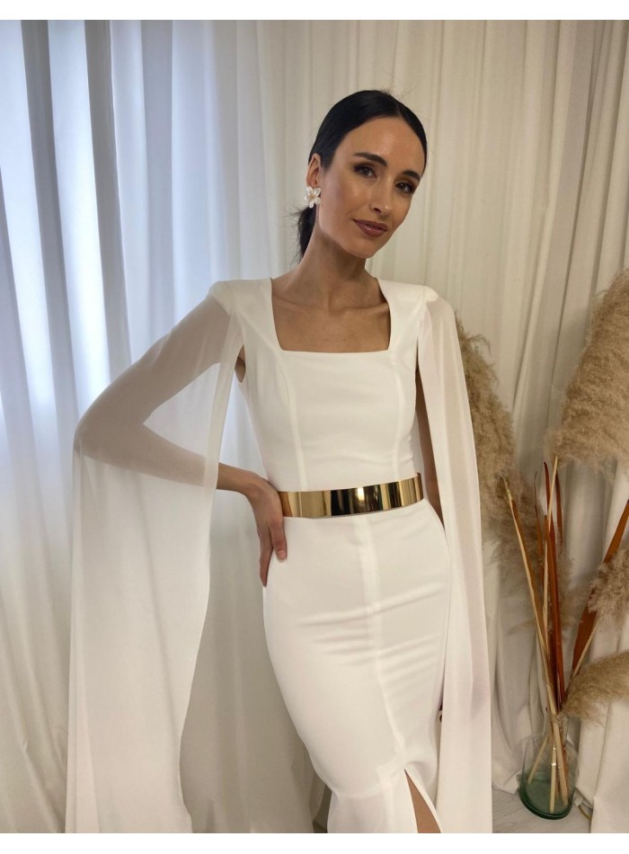 Robe de soirée midi unie avec manches cape en mousseline de soie