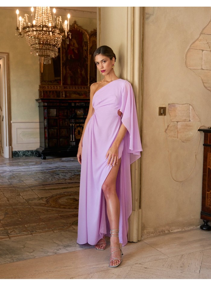 Long party dress with asymmetric neckline and bat sleeves