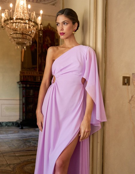 Vestido largo de fiesta con escote asimétrico y manga murciélago