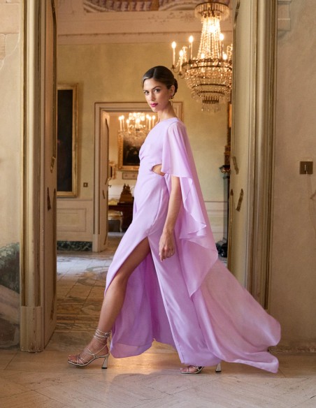 Long party dress with asymmetric neckline and bat sleeves