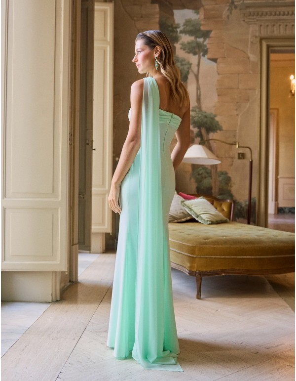 Long party dress with asymmetrical neckline and cape detail 2