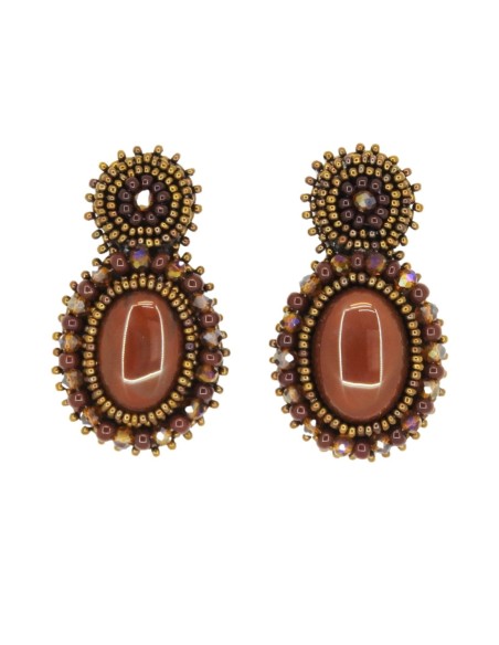 Party earrings with natural stone and rhinestones brown