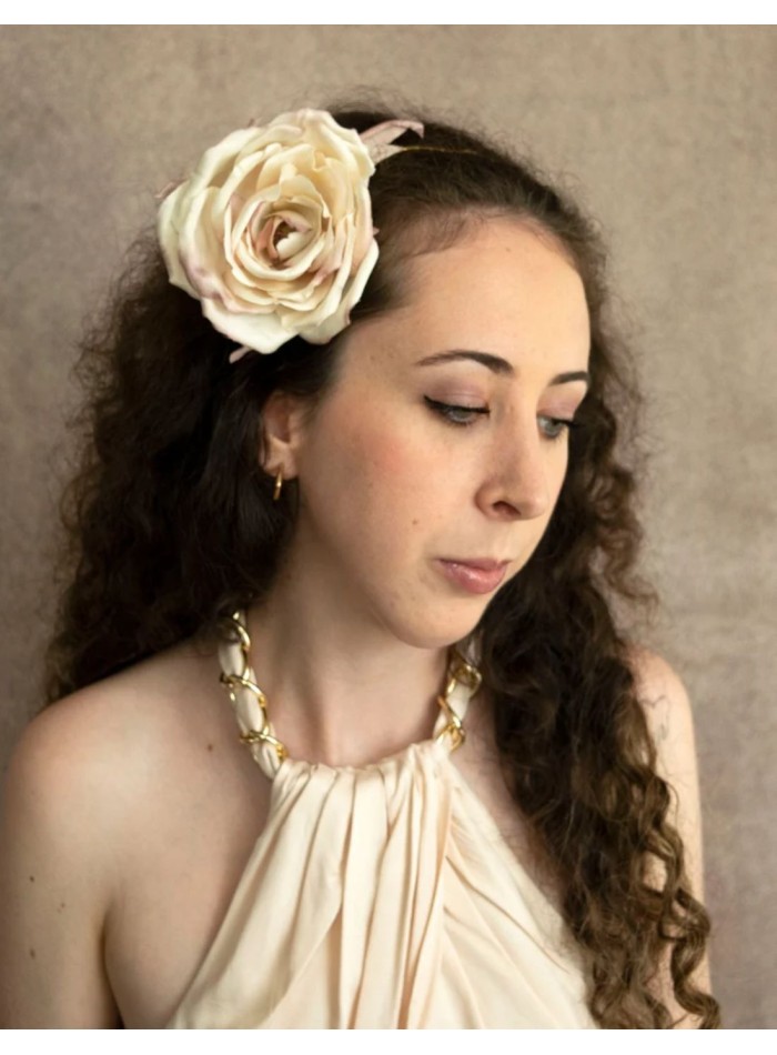 Diadema tocado maxi flor rosa marfil con base...