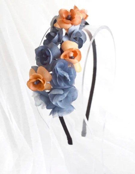Thin headband with blue and orange flowers