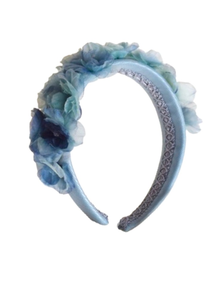 Serre-tête à fleurs en organza bleu et turquoise