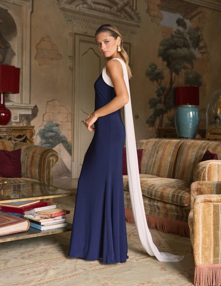 Long party dress with asymmetrical draped neckline and shawl