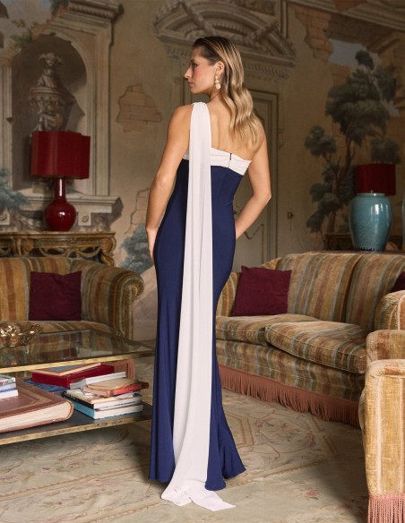 Long party dress with asymmetrical draped neckline and shawl